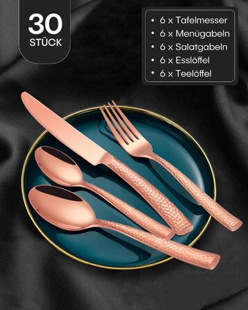30-Piece Flatware Set, 6 People, Roségold, Thickened Stainless Steel Cutlery Set with Hammered Handle, Dinner Cutlery Set with Knife, Fork, Spoon, Mirror Polished, Dishwasher Safe