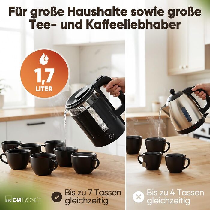 Електричний чайник Clatronic WK 3837: 1,7 л, скло, BPA Free, з підсвічуванням, для дому