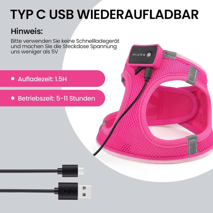 Світловідбиваючий нашийник для собак PcEoTllar з LED підсвічуванням, рожевий (3 режими)