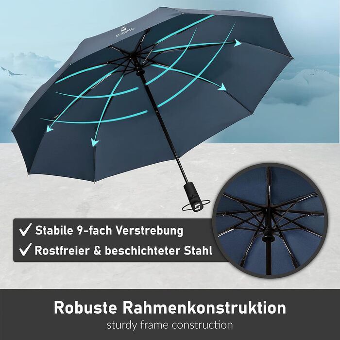 STYNGARD Тристонний парасолька, стійкий до вітру до 140 км/год, з автоматичним відкриванням, тефлонове покриття, довга ручка, модель TRONDHEIM, блакитний