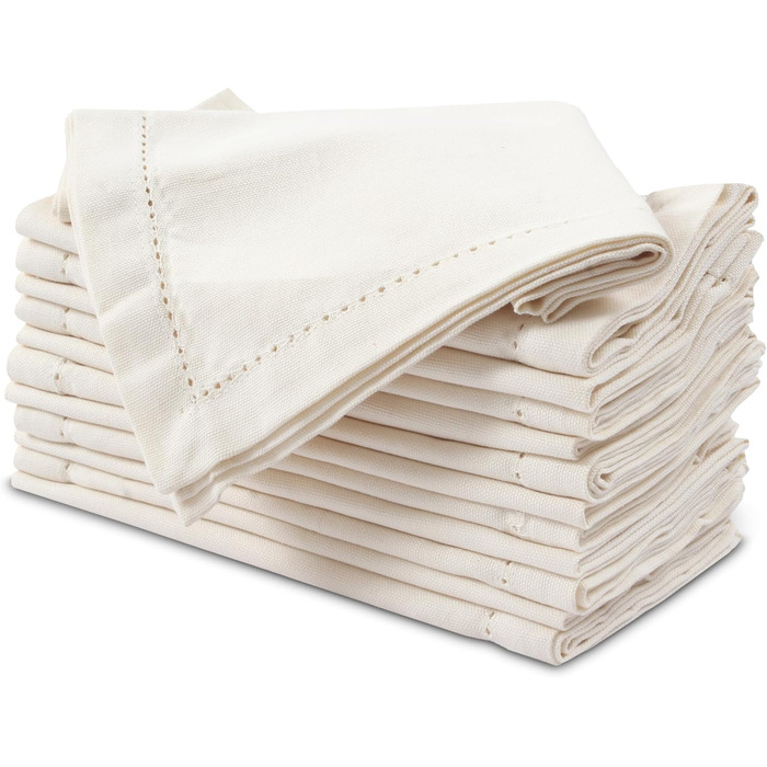 Encasa XO Cloth Napkin Set of 12 | Pure Cotton with Hemstitch Design | Natural | Square Size 43x43 cm | Table Napkins – Machine Washable & Reusable