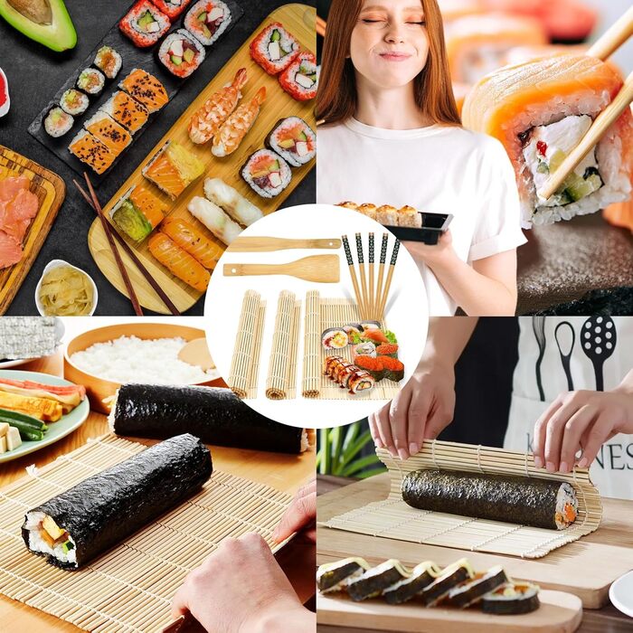 Набір для приготування суші на 10 порцій: 3 бамбукові мати, 5 пар паличок, ніж та ложка для рису. Для початківців та професіоналів