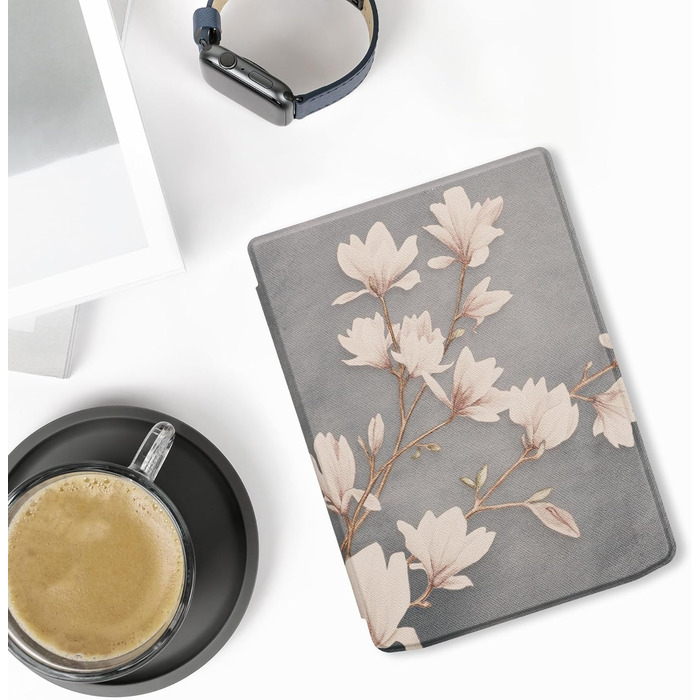 Чохол-книжка kwmobile для Pocketbook InkPad 4 / Color 3 / Color 2 / Vivlio InkPad 4 / InkPad Color 3 - Magnolien Taupe Weiß Blaugrau