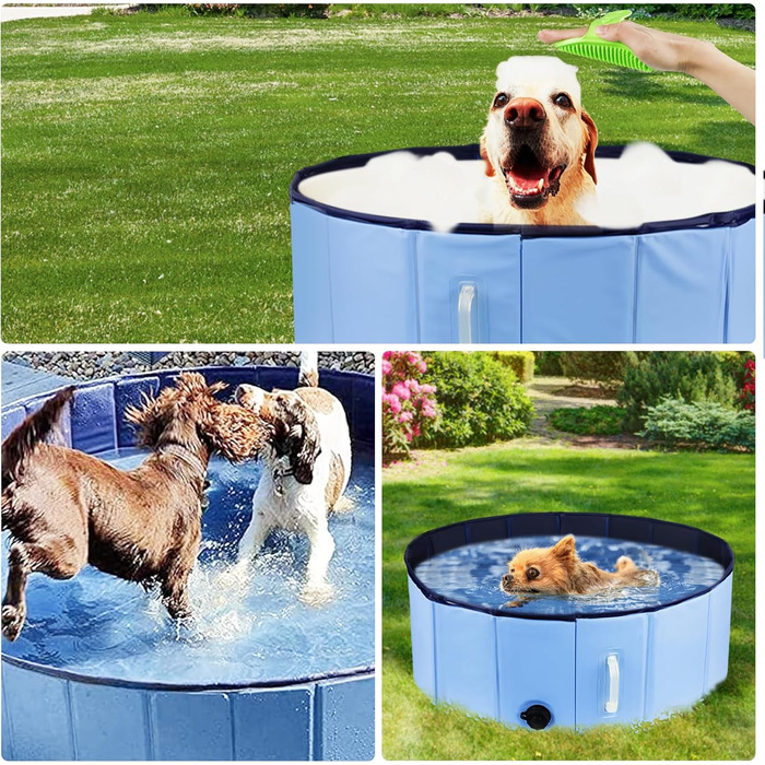 Басейн для собак DEWEL, складаний, 80x30 см, блакитний, з ручкою та щіткою для догляду