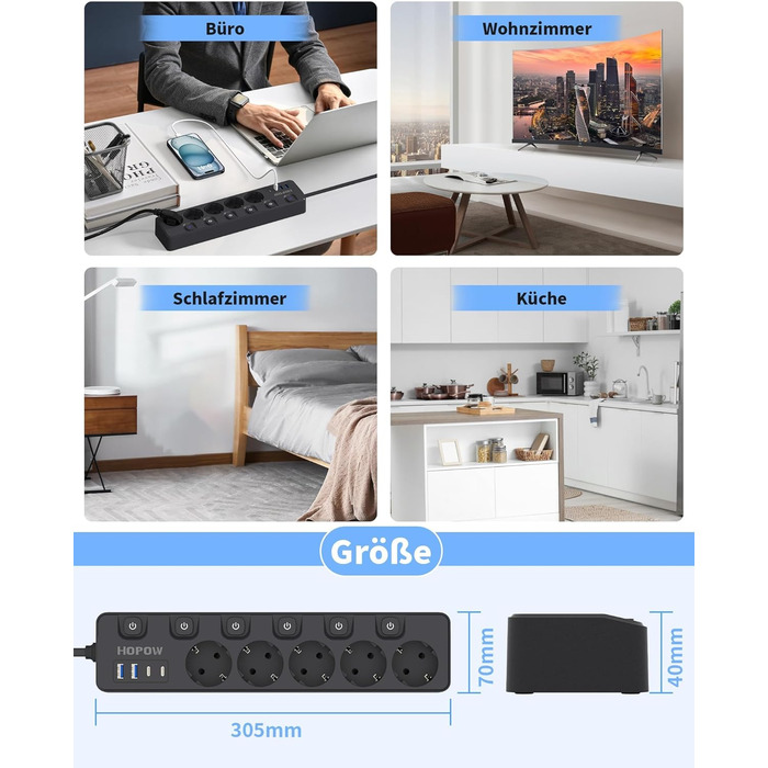 Мережевий фільтр 9-в-1 з індивідуальним вимикачем, 5 розеток, 4 USB-порти (3680W, 16A), захист від перенапруги 1050 Дж, настінний монтаж, 2 м кабель - для дому, офісу та подорожей, чорний