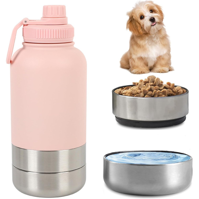 Поїлка для собак Pets Hundetrinkfasche з контейнером для корму та ручкою, 950 мл, нержавіюча сталь, BPA-free, для подорожей та прогулянок (Крем-білий, Рожевий)