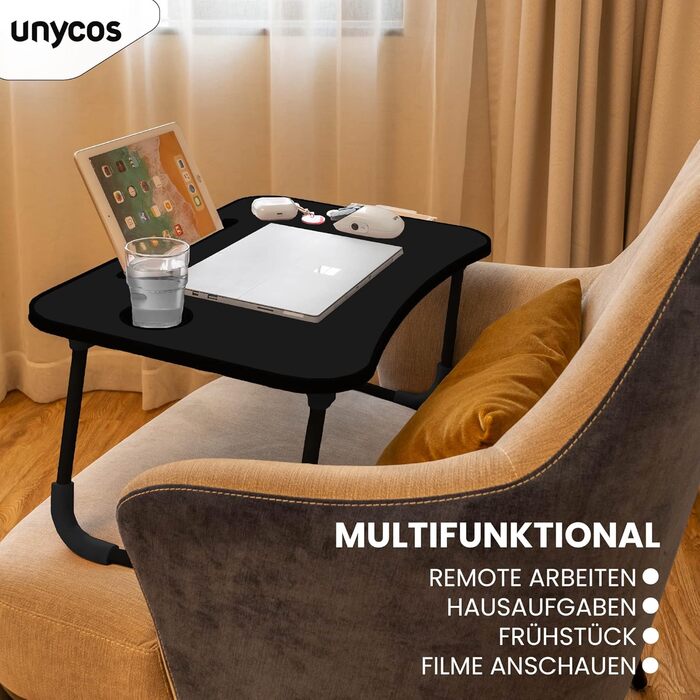 Складаний столик Unycos з ручкою та підстаканником, 60x40x26 см, з висувною шухлядою, колір: кістковий білий