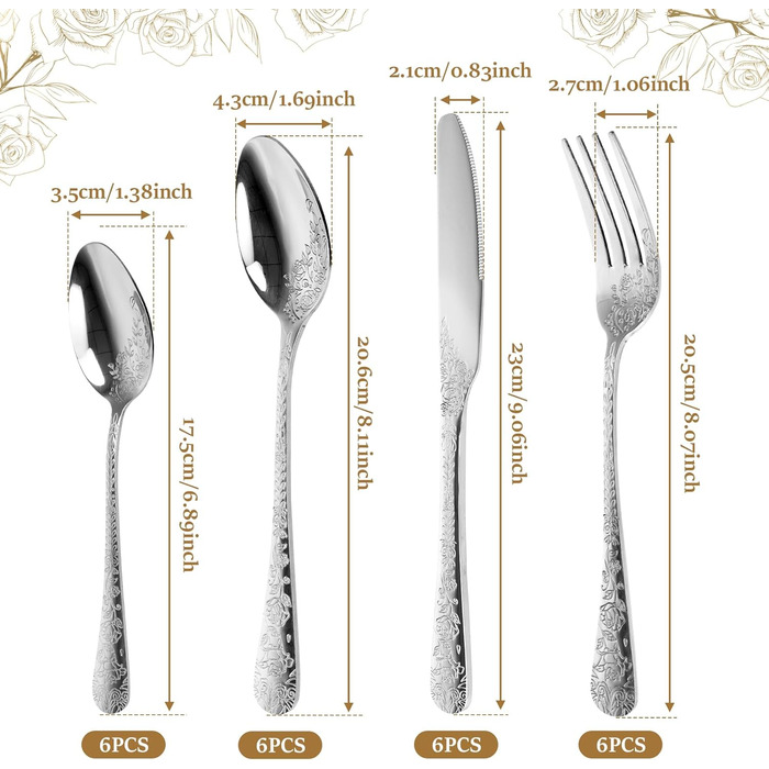 Набір столових приборів 24 предмети з нержавіючої сталі на 6 осіб з гравіюванням троянд. Ложки, виделки, ножі. Поліровані, для посудомийної машини. Сріблястий колір.