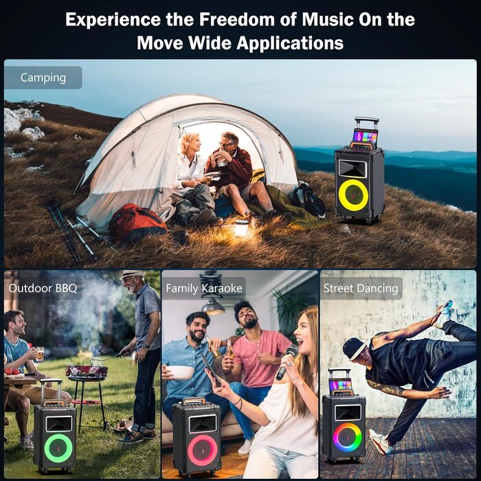 Караоке система JYX з 2 бездротовими мікрофонами, великим гучномовцем, Bluetooth, колесами та диско-світлом, сабвуфером PA, підтримкою TWS/USB/SD/AUX/Rec (Чорний)