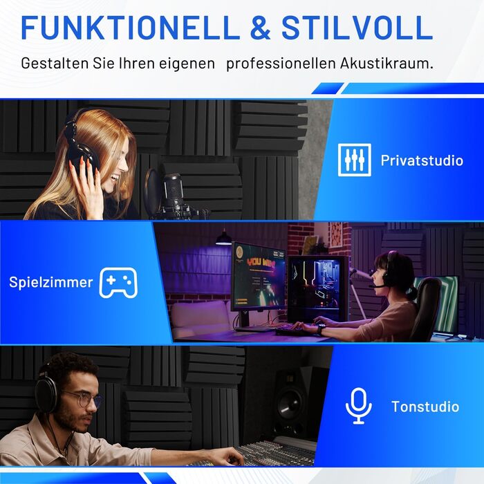 Акустичний поролон для шумоізоляції, панелі звукопоглинаючі самоклейні 30x30x7.5 см, набір 24 шт. з 150 двосторонніми клейкими накладками