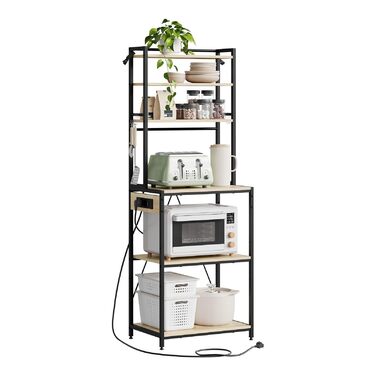 Кухонна полиця WOLTU з 6 ярусами, з розетками, для мікрохвильової печі, з металевим каркасом, регульовані полиці, Чорний+Рустикальний коричневий, 60 x 167 x 40 см