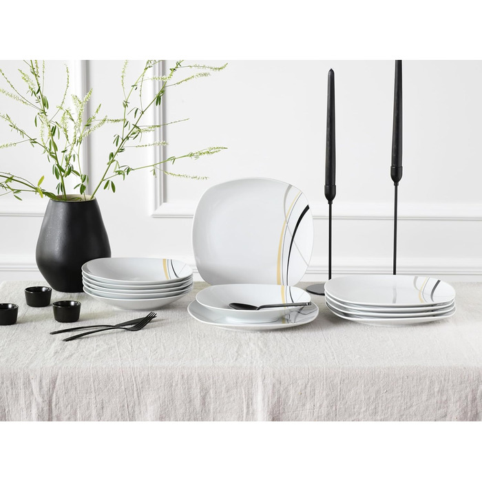 CreaTable Серія Square City Line: 12-частинний порцеляновий посуд для 6 осіб, Tafelservice, безпечний для миття в посудомийній машині та мікрохвильовій печі