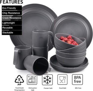 Набір посуду з PP | Легкий та незламний сервіз з 16 предметів для дітей та дорослих, 4 тарілки, 4 десертні тарілки, 4 миски, 4 чашки (сірий)