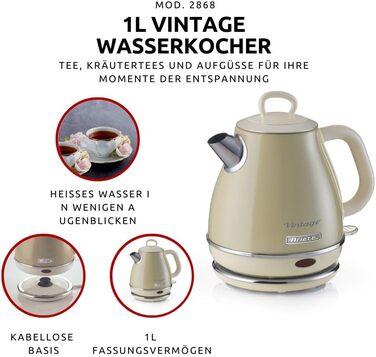 Електричний чайник Ariete Vintage 2868, Бежевий, 1 літр, 1600W, з бездротовим основанням, автоматичне відключення, нержавіюча сталь