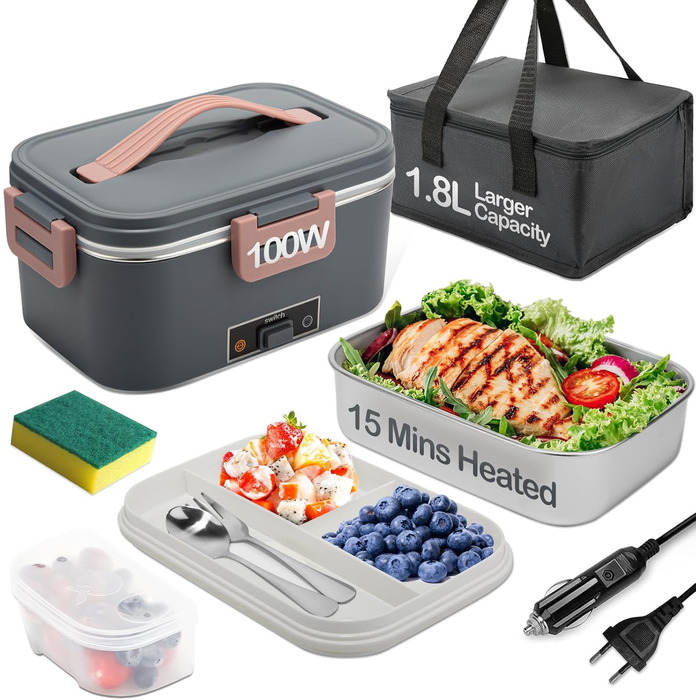 Electric Lunch Box 100W, 3-in-1 Portable Heated Lunch Box, 1.8L Stainless Steel Removable Food Container, 12V/24V/220V Insulated Food Warmer Box for Car/Truck/Office (Gray, 1.8 L)