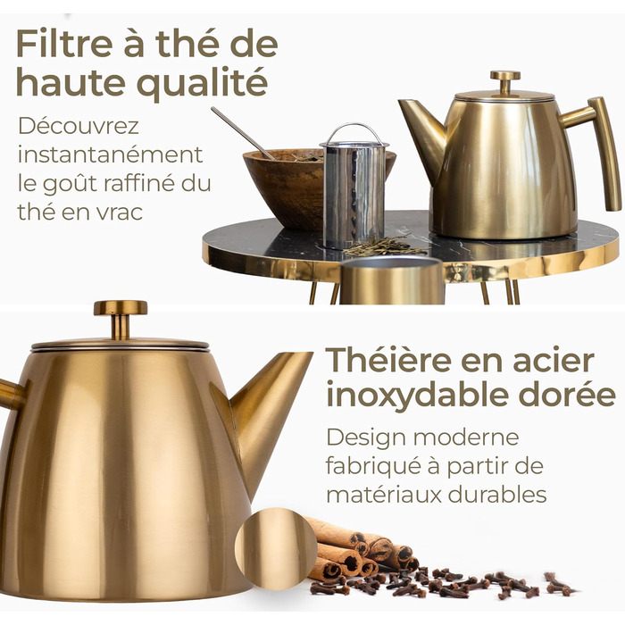Teapot | Stainless Steel 1L | Teapot with Infuser | Stainless Steel Teapot | Stove for Teapot | Teapot with Stove | Tea Maker | Double-Walled (Gold)