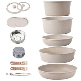 Набір посуду RIOVARM з індукційним дном, 15 предметів: каструлі та сковороди з антипригарним гранітним покриттям та знімними ручками, кришки з силікону. Без PFOA.