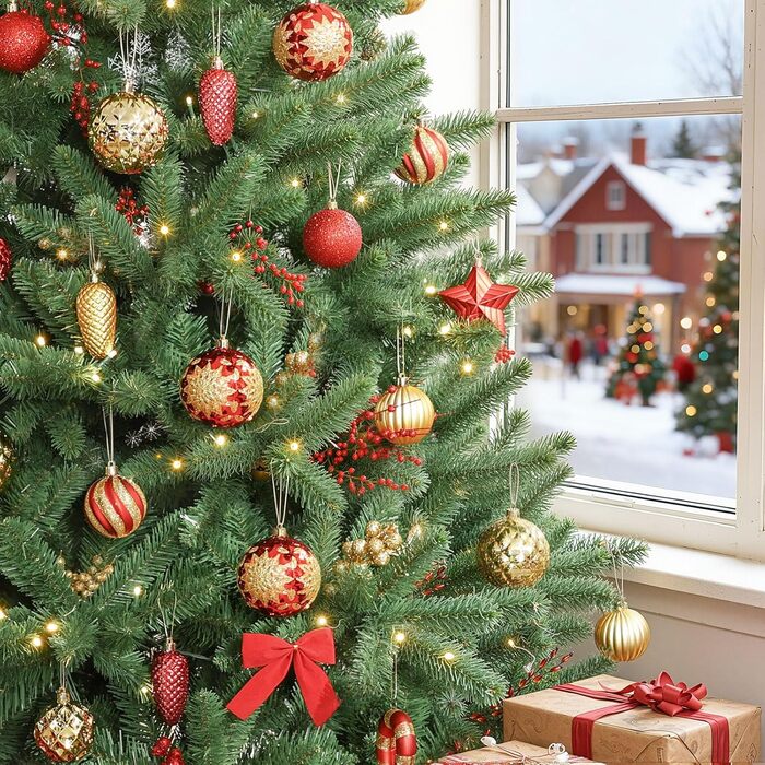 Набір прикрас на ялинку Alupssuc 128 шт. (кулі, квіти, орнаменти) - червоний та золотий, для свят, вечірок