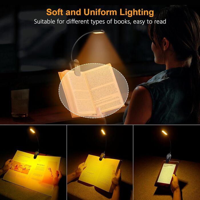 LED лампа для читання Gritin з кліпсою, USB-зарядка, 11 світлодіодів, 3 рівні яскравості, 3 режими температури кольору, гнучка на 360°, чорна