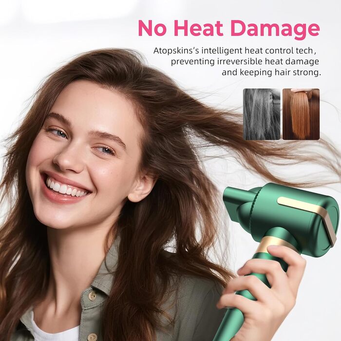 Atopskins Hairstyler: Фен-щітка 7-в-1 для створення зачісок, 110000 RPM, з іонізацією, дифузором, локонами, об'ємом, випрямленням, для волосся, зелений