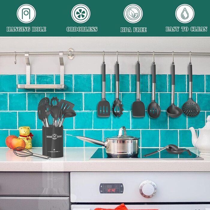 Набір кухонного приладдя Umite Chef, 43 предмети: лопатки, ложки, вінчики з нержавіючої сталі, силіконові, антипригарні, жаростійкі, сірий колір