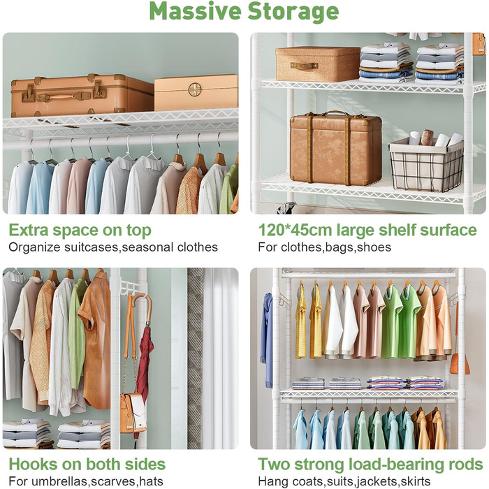 Вішалка для одягу на коліщатках металева з 3 штангами та полицею, біла 120x45x205 см