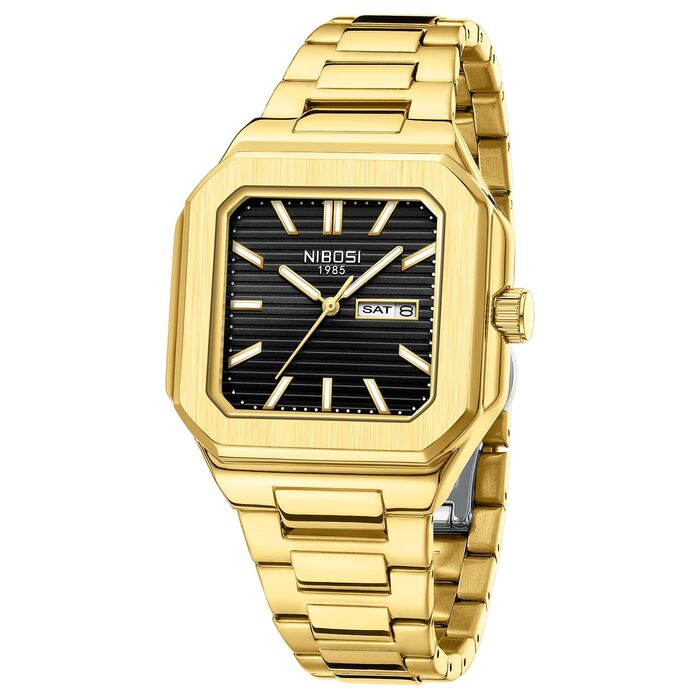 Годинник чоловічий NIBOSI: кварцовий годинник з нержавіючої сталі, мілітарі, квадратний, водонепроникний, бізнес-стиль, класичний, для чоловіків (золотий/чорний)
