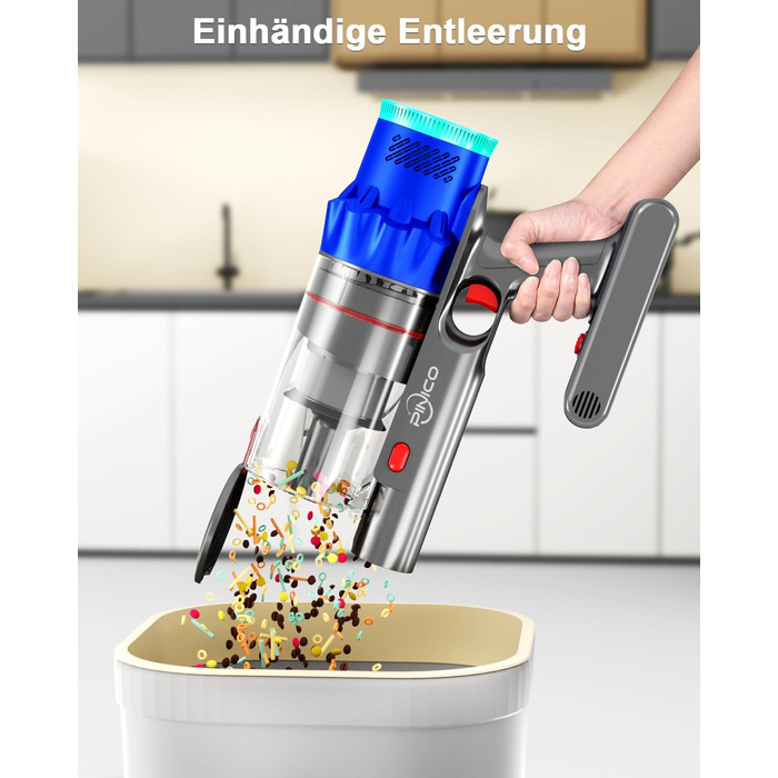 PINICO Бездротовий акумуляторний пилосос 550W з автоматичним режимом та щіткою Anti-Tangle, для твердих підлог, килимів та шерсті тварин (Blue+grey)