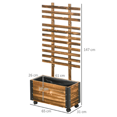 Outsunny Raised Garden Bed with Trellis and Wheels, Flower Box for Climbing Plants, Planter Box Made of Charcoal Wood, 65 x 31 x 147 cm