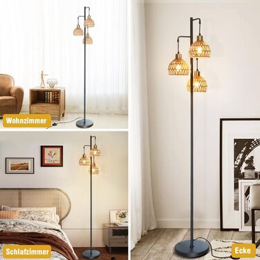 Стійка лампа ShineMuse Boho з ротангу, чорна, вінтаж, 170 см, 3 E27, LED, диммер, для вітальні