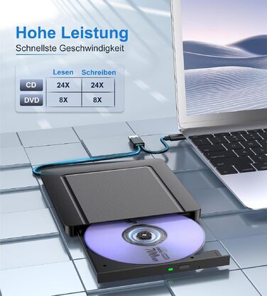 Зовнішній CD/DVD привід USB 3.0 та USB-C, ультратонкий оптичний накопичувач CD DVD +/-RW ROM для ноутбука, ПК, MacBook (Windows, macOS, Linux), чорний