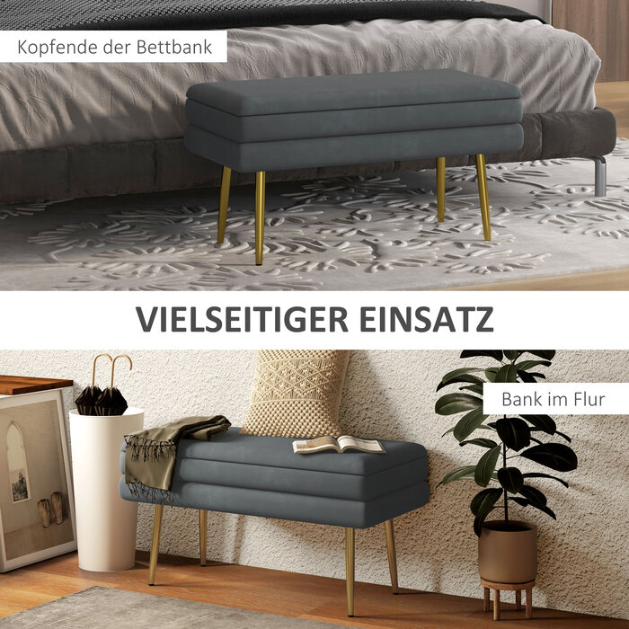HOMCOM Bench with Cushion and Storage in Grey, Velvet-Look, Bed Bench with Steel Legs, Shoe Bench for Living Room & Bedroom 79.5x37.5x43cm