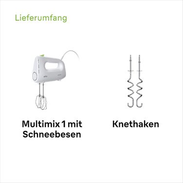 Braun Household MultiMix 1 HM 1110 WH Hand Mixer - Handheld Mixer with 4 speed settings plus Turbo, FastMix Technology, EasyClick, including whisk and dough hooks, one-hand operation, 450W, White White MultiMix 1 - including whisk & dough hooks