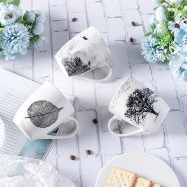 Набір з 4 чашок для кави, 350 мл, кераміка, з різними малюнками дерев, чашка для кави