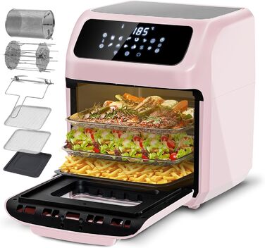LLIVEKIT Convection Oven 12 L, 12-in-1 Digital Air Fryer for Family, 360° Hot Air Circulation, Mini Oven, Oil-Free Dehydrator, 90 Min. Timer, Cookbook & 6 Accessories, 1800 W 12L Pink