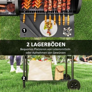 Сталевий вугільний гриль Outsunny BBQ Smoker з кришкою, термометром, колесами, полицею, мобільний гриль-візок з регулюванням подачі повітря, кошик для вугілля, вугільний гриль для барбекю, кемпінгу, саду 109x60x120 см | Aosom
