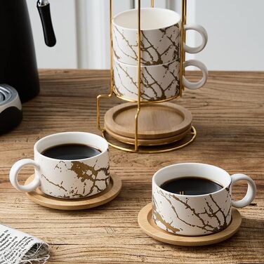 Набір келихів для еспресо LUKA з блюдцем та металевою підставкою (4 шт.), 118 мл, кераміка, мармуровий візерунок білий