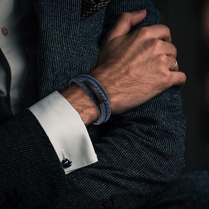 Чоловічий шкіряний браслет Shieageld з нержавіючою сталевою застібкою-магнітом, плетений браслет для чоловіків, синій, 22 см, подарункова коробочка