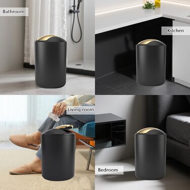 Набір аксесуарів для ванної кімнати, 9 предметів: сміттєвий бак, дозатор мила, мильниця, щітка для унітазу, тримач для зубних щіток, стакан, піднос, контейнер для ватних паличок, органайзер для стільниці, чорний та золотий