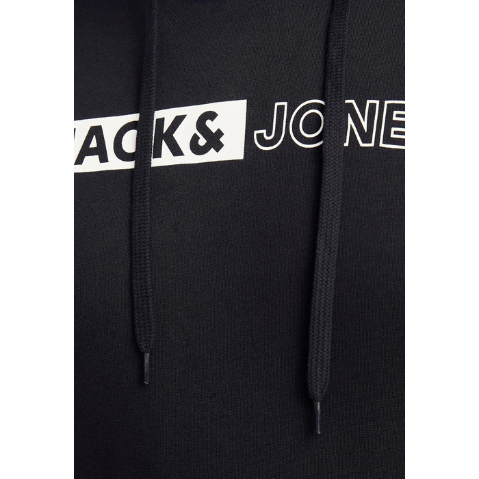Чоловічий теплий худі з принтом JACK & JONES JJEOGO Basic — чорний, великий розмір (8XL), регулярний крій