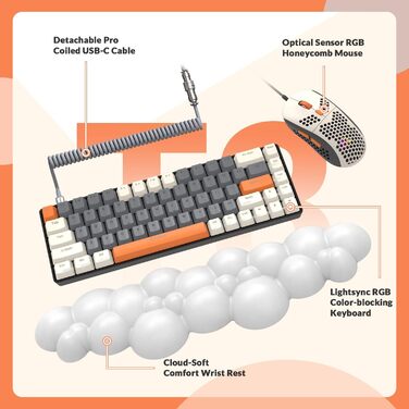 Ігровий комплект YINDIAO T8: механічна клавіатура 68 клавіш TKL + миша з RGB підсвічуванням, USB-C, 6400 DPI, для PC/PS5, сірий