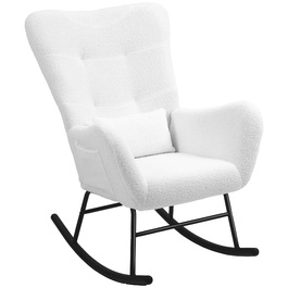 HOMCOM Rocking Chair, Rocking Armchair with Teddy Fabric Look, Armrests, Still Chair with Wooden Runners, Lumbar Pillow, Recliner with Side Pocket for Living Room, Bedroom, White | Aosom
