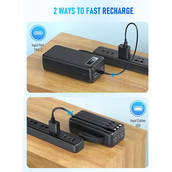 Power Bank 60000 mAh з PD 45W, 6 портів (4 USB-A, 2 Type-C), LED дисплей, вбудовані кабелі, чорний