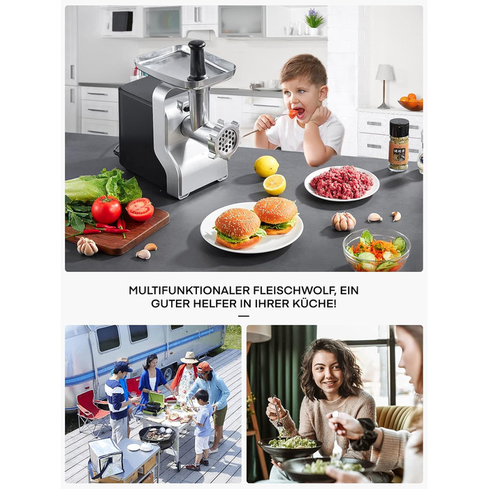 Electric Meat Grinder 5-in-1 - 700W Power, 2800W Max Blocking Capacity, Stainless Steel Grinding Plates (3, 5, 7mm), Sausage Maker, Kubbe Attachment, Black