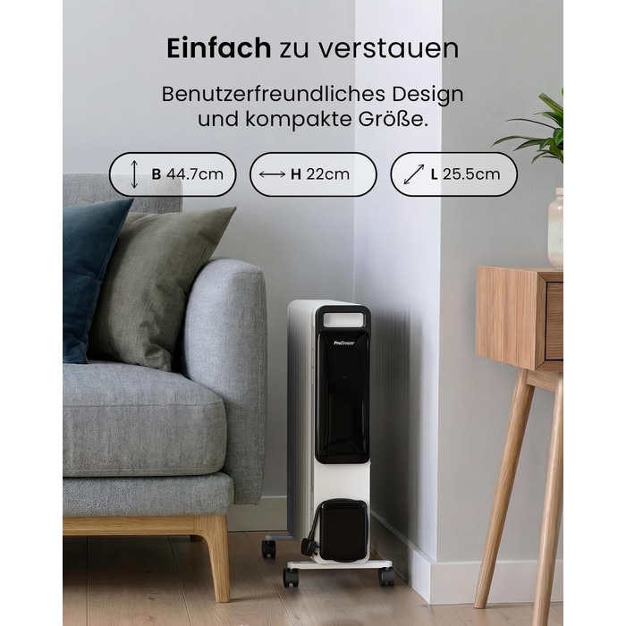Розумний електричний масляний радіатор Pro Breeze 2500W, 11 секцій, з керуванням через Wi-Fi/App, термостатом, таймером на 24г та сенсорним дисплеєм, білий