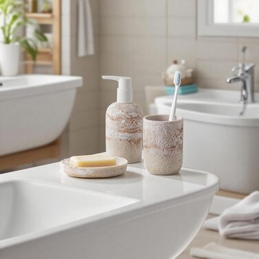 Набір для ванної кімнати 3 шт: дозатор для мила, мильниця та тримач для зубних щіток, білий, з високоякісного харчу, від виробника DREI