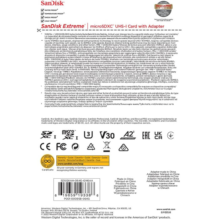 Карта пам'яті SanDisk Extreme microSDXC 64GB з адаптером, швидкість читання до 190 МБ/с