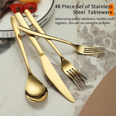 Gold Flatware Set, 48-Piece Service for 12 People, Golden Titanium Stainless Steel Flatware Set, Gold Spoon Fork Knife Set for Home, Wedding, Restaurant, Hotel, Dishwasher-Safe