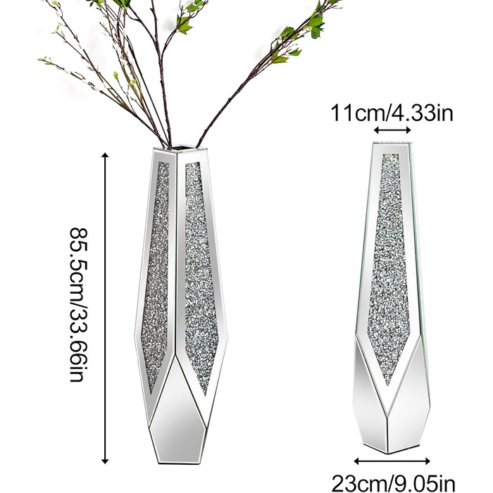 Ваза для квітів напольна 68 см, срібна ваза з кристалами для пампас трави, скляна ваза з дзеркальними діамантами, декоративна розкішна блискуча ваза для вітальні, декор інтер'єру – не для води (23 см x 85,5 см)