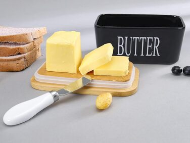 Porcelain butter dish with lid, airtight silicone butter keeper for butter, nuts, cheese, plus butter spreader.